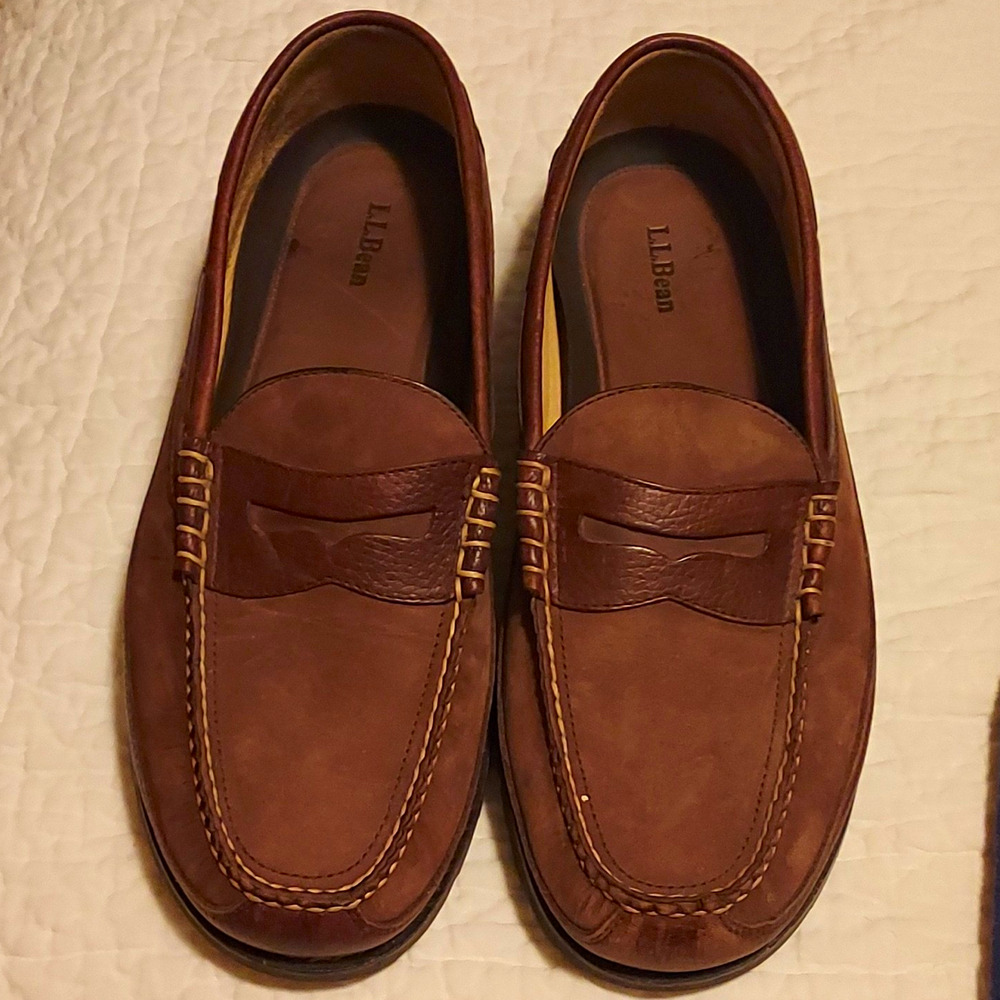 L.L.Bean Mens size 13 EE Wide Brown Leather Penny Loafer Shoes Lug sole Slip On
